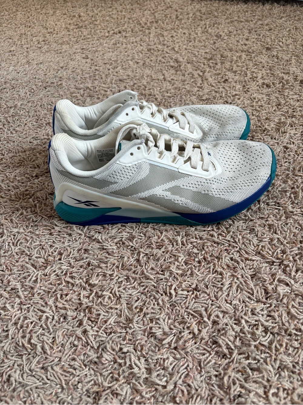 Reebok Nano .x1 Women’s White Athletic Shoes with Teal & Blue Accents